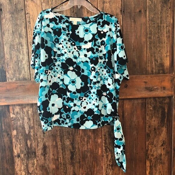 Michael Kors Sz S Turquoise Springtime Floral Relaxed Side Tie Kimono Top - Picture 2 of 8